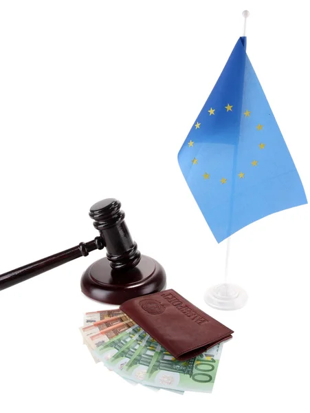 Gavel, money, passport and flag of Europe, isolated on white — Stock Photo, Image