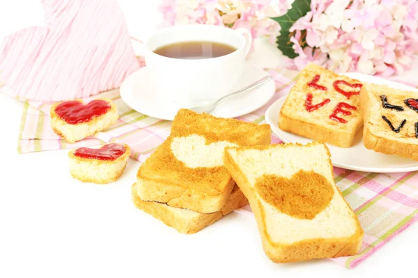 美味烤面包、 果酱和杯茶上表特写 — 图库照片