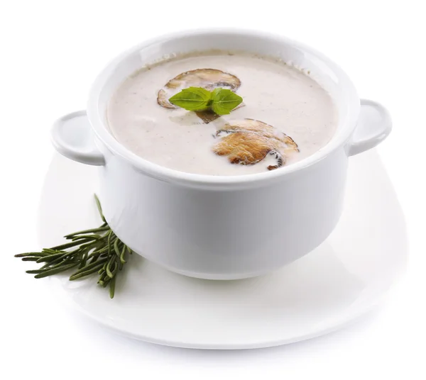 Mushroom soup in white bowl, on plate, isolated on white — Stock Photo, Image