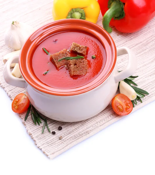 Tasty tomato soup and vegetables, isolated on white — Stock Photo, Image