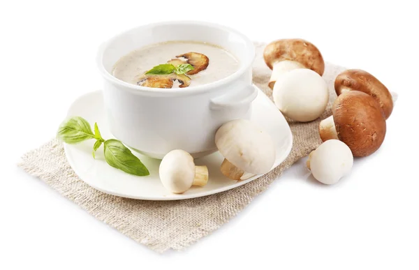 Soupe aux champignons dans un bol blanc, sur une serviette, isolée sur du blanc — Photo