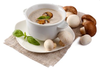 peçete üzerinde beyaz izole üzerinde beyaz kase mantar çorbası