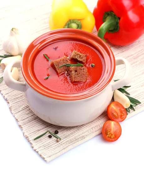 Tasty tomato soup and vegetables, isolated on white — Stock Photo, Image