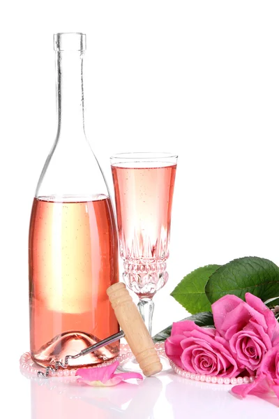 Composition with pink sparkle wine in glass, bottle and pink roses isolated on white — Stock Photo, Image