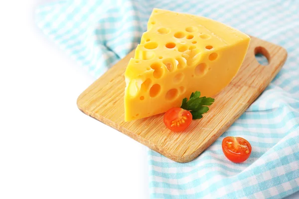 Piece of cheese and tomatoes, on wooden board, isolated on white — Stock Photo, Image