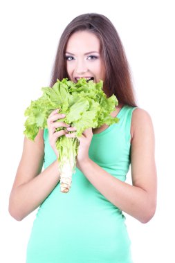 Taze salata üzerine beyaz izole ile güzel kız