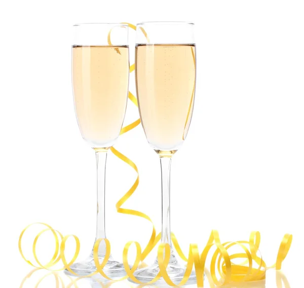 Glasses of champagne and serpentine isolated on a white — Stock Photo, Image