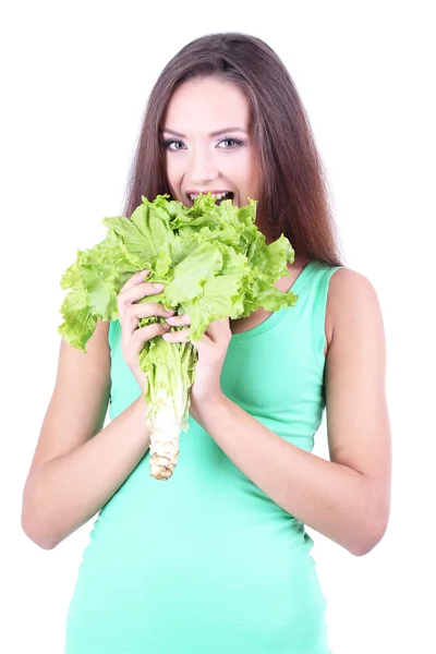 Bella ragazza con insalata fresca isolata su bianco — Foto Stock