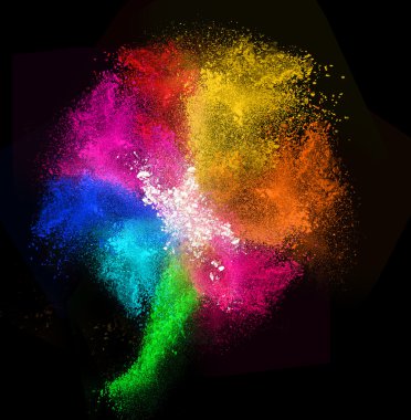 Colorful powders in shape of flower,  on black background clipart