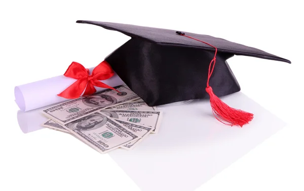 Αποφοίτηση καπέλο, χρήματα και κύλισης, απομονωμένα σε λευκό — Φωτογραφία Αρχείου