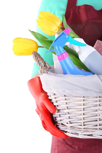 Housewife holding basket with cleaning equipment. Conceptual photo of spring cleaning. Isolated on white — Stock Photo, Image