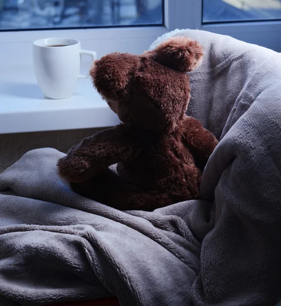 Toy-bear looking out window close-up — Stock Photo, Image