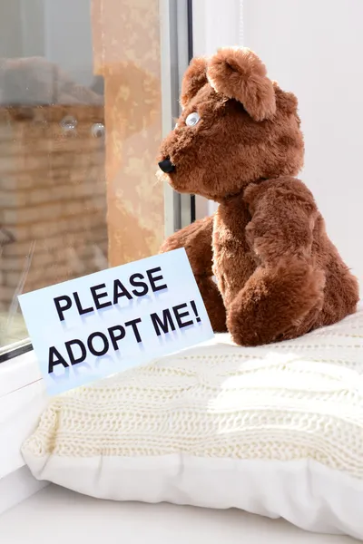 Toy-bear looking out window close-up — Stock Photo, Image