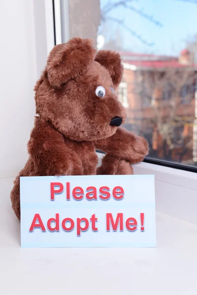 Toy-bear looking out window close-up — Stock Photo, Image