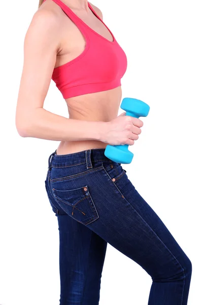 Young beautiful fitness girl exercising with dumbbells, close-up, isolated on white — Stock Photo, Image