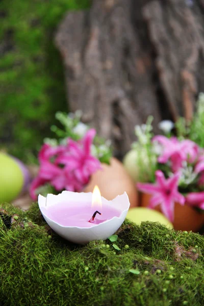 Konzeptionelle Osterkomposition. brennende Kerze im Ei und Blumen auf grünem Gras Hintergrund, Nahaufnahme — Stockfoto