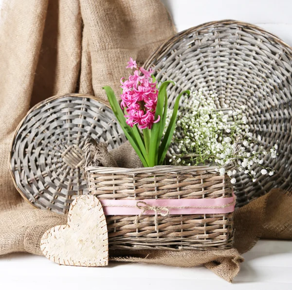 Beautiful hyacinth flower in wicker basket, on color wooden background — Stock Photo, Image