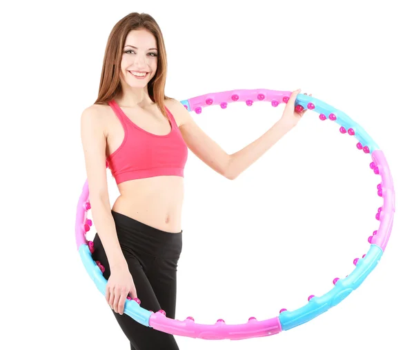 Woman doing exercises with hula hoop isolated on white — Stock Photo, Image