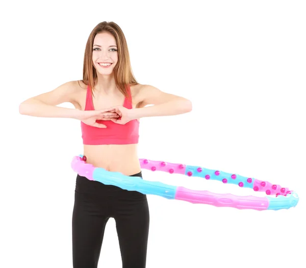 Frau macht Übungen mit Hula-Hoop-Reifen isoliert auf weiß — Stockfoto