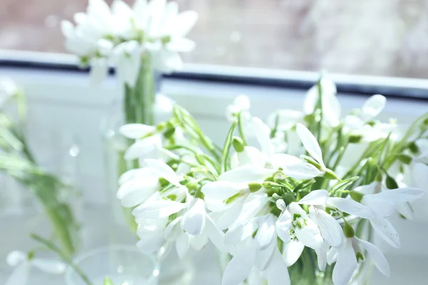 Mooie boeketten van sneeuwklokjes in vazen op vensterbank — Stockfoto