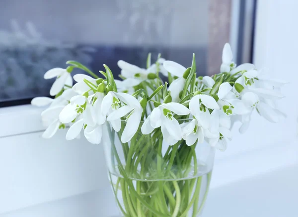 Belos buquês de snowdrops em vasos no peitoril da janela — Fotografia de Stock