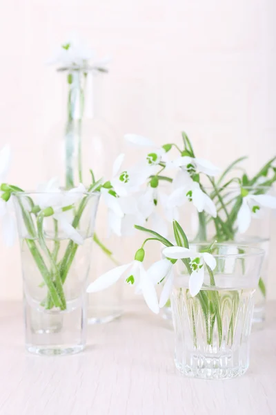Beautiful bouquets of snowdrops in vases on light background — Stock Photo, Image