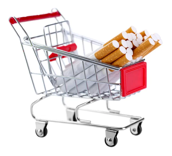 Cigarettes in shopping cart isolated on white — Stock Photo, Image