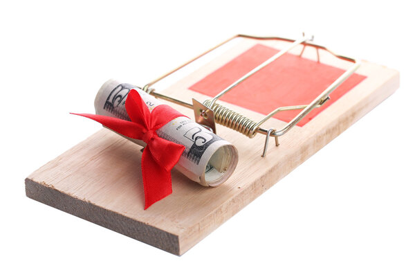 Mousetrap with dollar isolated on white