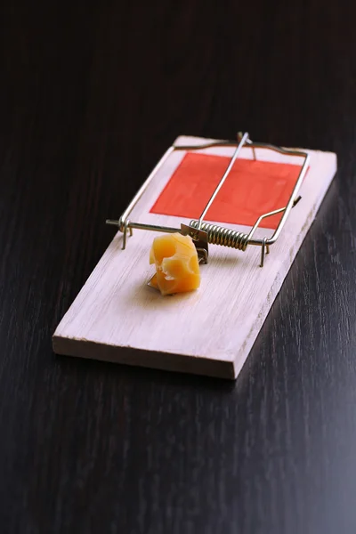 Mousetrap com queijo sobre fundo de madeira — Fotografia de Stock