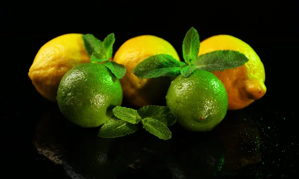 Limones y limas sobre fondo oscuro — Foto de Stock