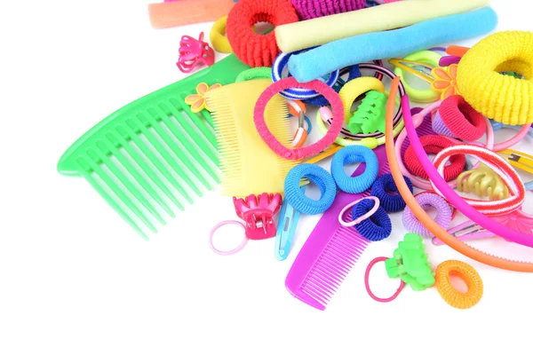 Colorful comb,barrette and Scrunchy isolated on white — Stock Photo, Image