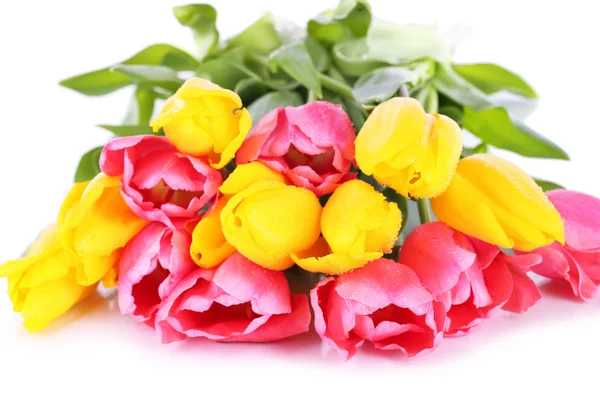 Różowe i żółte tulipany na białym tle — Zdjęcie stockowe