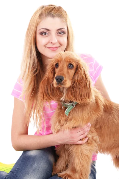 Beautiful young woman with cocker spaniel isolated on white Stock Picture