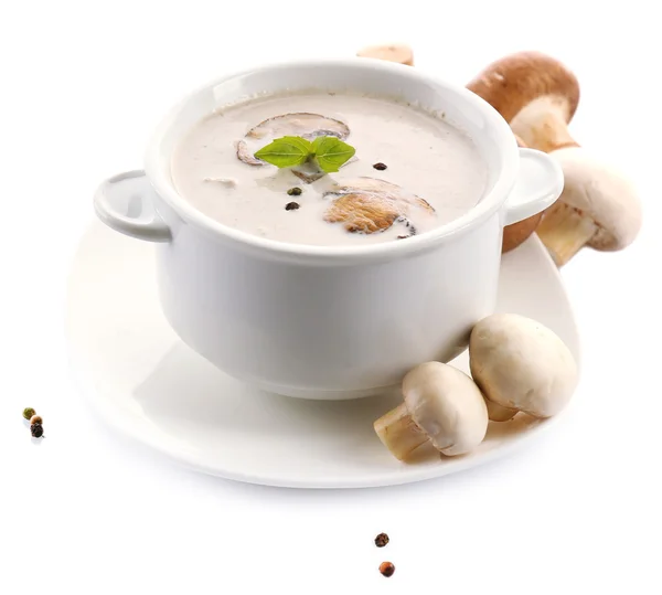 Mushroom soup in white bowl, on plate, isolated on white — Stock Image Mushroom soup in white bowl, on plate, isolated on white Stock Picture