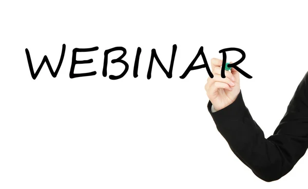 Hand skriva ordet webinar transparent ombord — Stockfoto