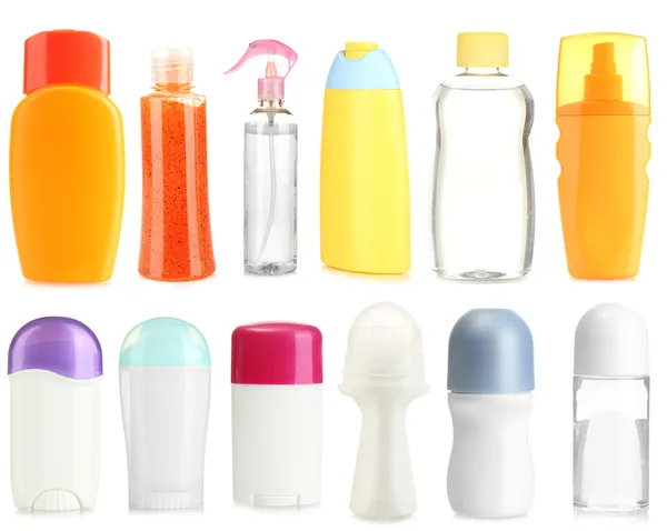 Colagem de garrafas cosméticas isoladas em branco — Fotografia de Stock
