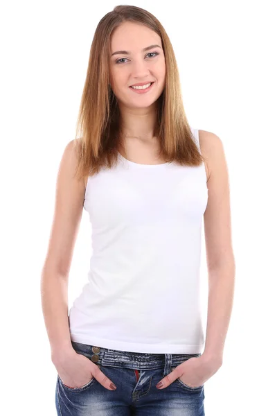 Красива молода жінка ізольована на білому — стокове фото