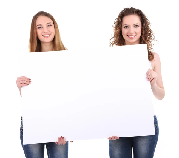 年轻貌美的女性抱着空白海报上白色孤立 — 图库照片