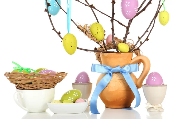 Easter composition with eggs on branches isolated on white — Stock Photo, Image