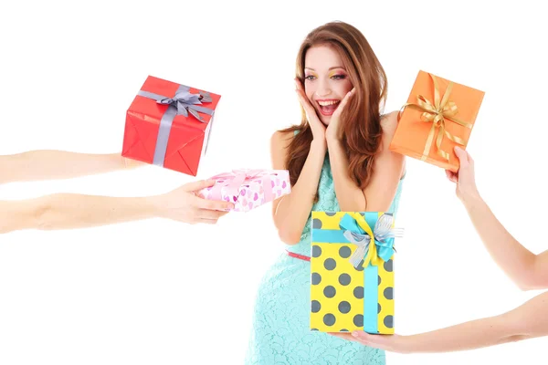 Beautiful young woman with present boxes isolated on white — Stock Photo, Image