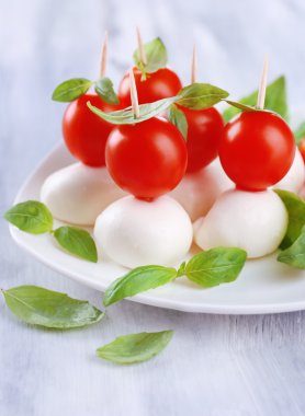 ahşap masa tabakta domates ve fesleğen ile lezzetli mozzarella peyniri