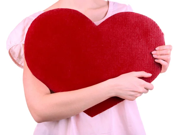 Female holding big red heart isolated on white — Stock Photo, Image