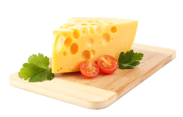 Piece of cheese and tomatoes, on wooden board, isolated on white — Stock Photo, Image