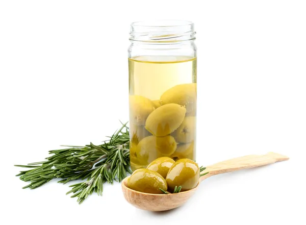 Tasty olives in glass jar, isolated on white — Stock Photo, Image