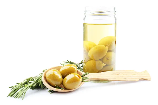 Chutné olivy do sklenic, izolované na bílém — Stock fotografie
