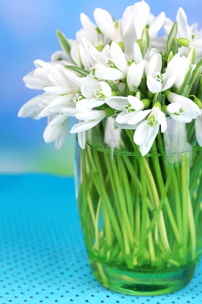 Beaux gouttes de neige dans un vase, sur la table sur fond lumineux — Photo