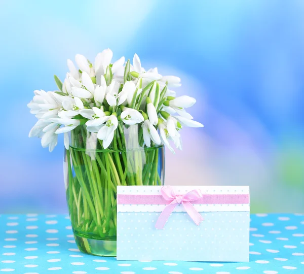 Beautiful snowdrops in vase, on table on bright background — Stock Photo, Image