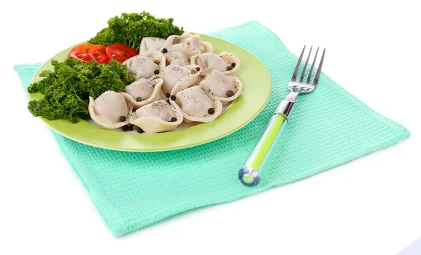 Meat dumplings - russian boiled pelmeni in plate isolated on white — Stock Photo, Image