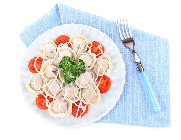 Bolinhos de carne - pelmeni fervido russo em placa isolada em branco — Fotografia de Stock