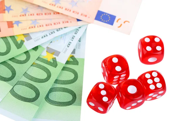 Red dices and money, isolated on white — Stock Photo, Image